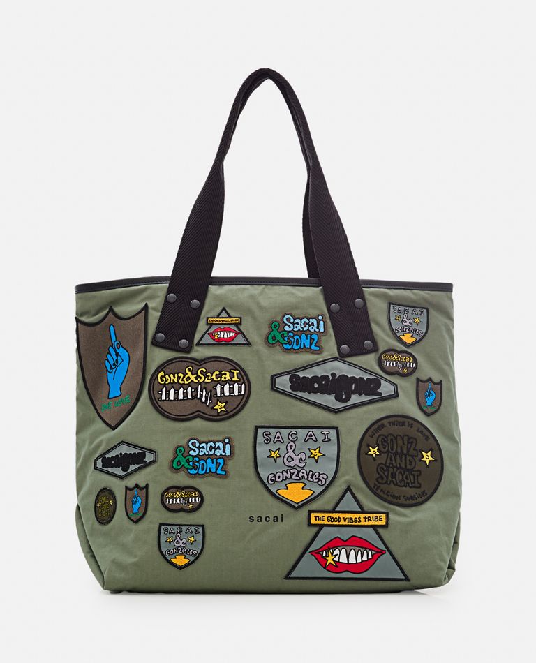 Shop Sacai Tote Bag With Allover  X Marc Gonzales Patch In Green