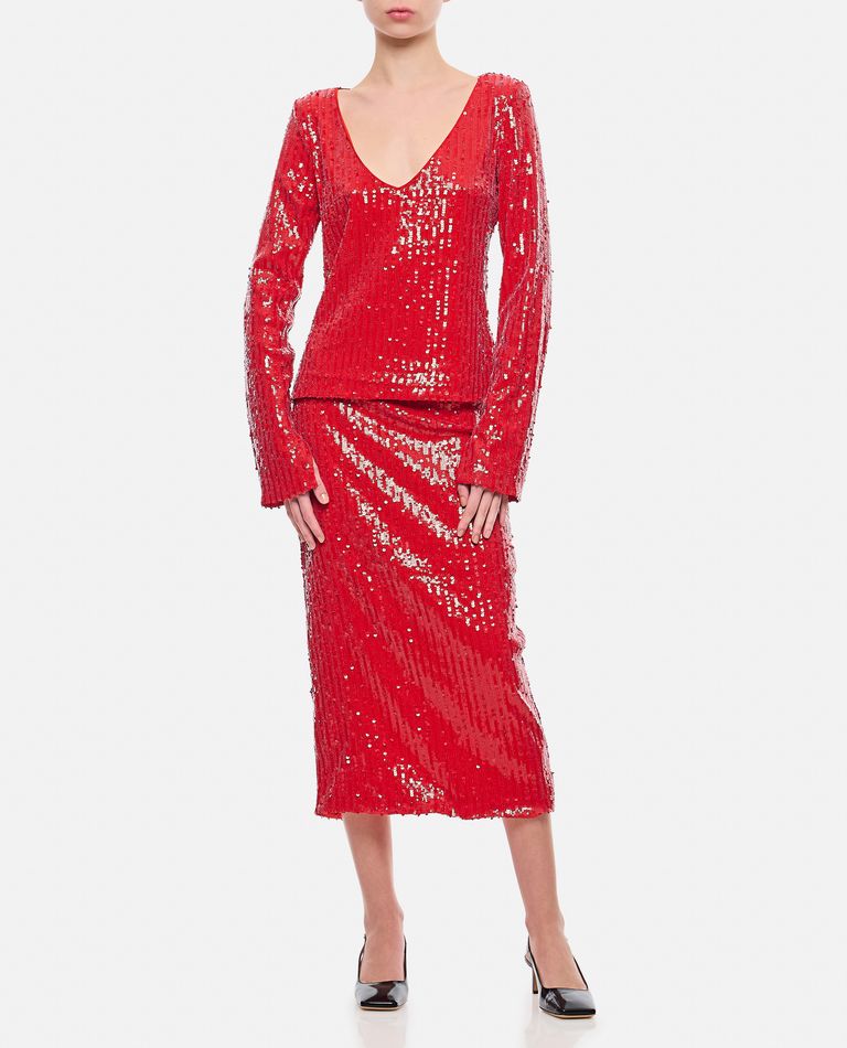 Shop Rotate Birger Christensen Sequins Pencil Midi Skirt In Red