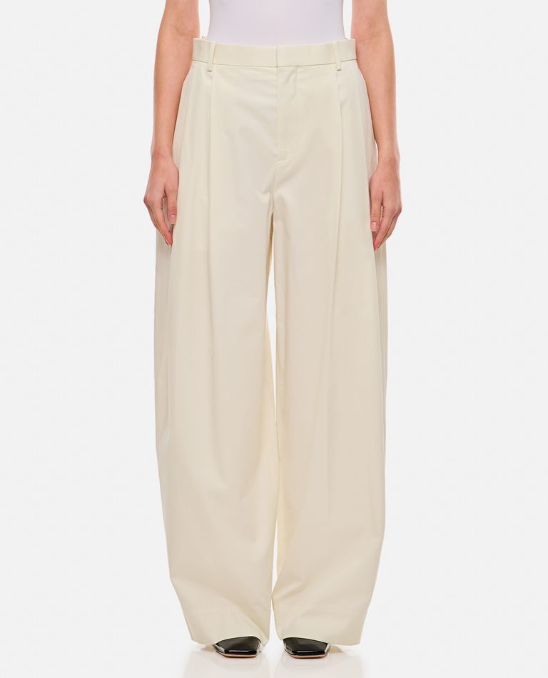 Shop Bottega Veneta Wide Leg Pleated Cotton Pants In White