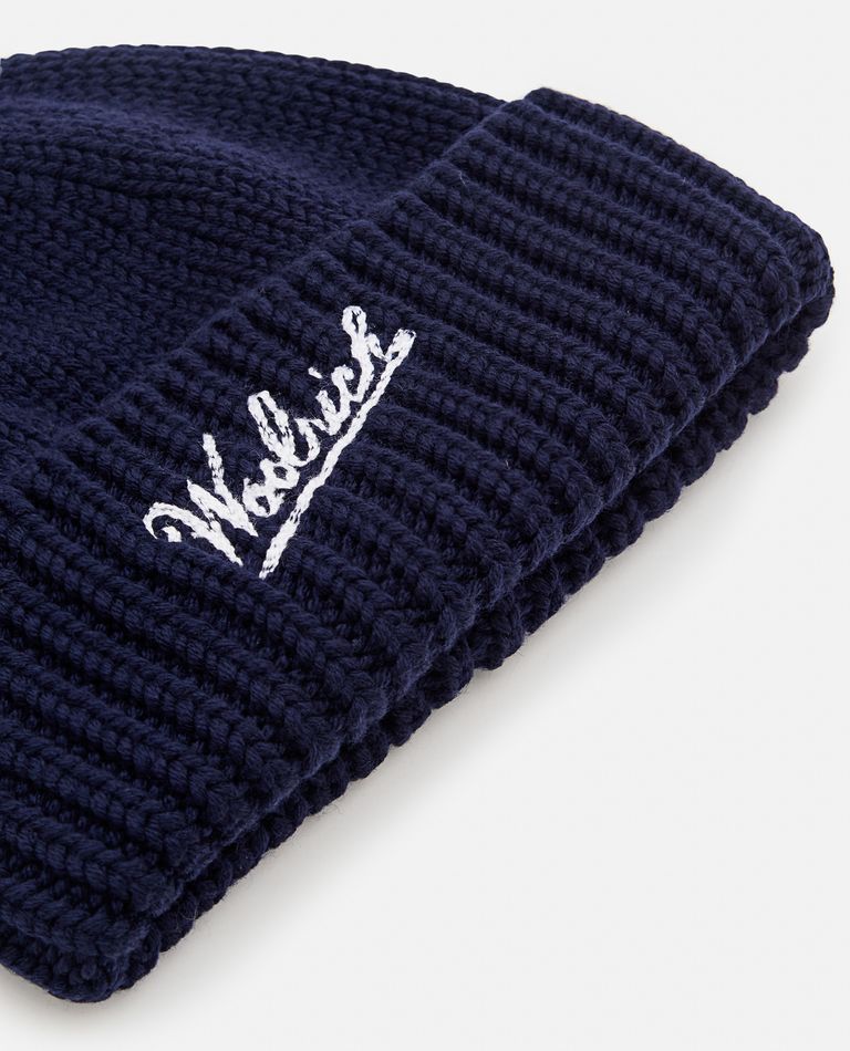 Shop Woolrich Merino Wool Logo Beanie In Blue