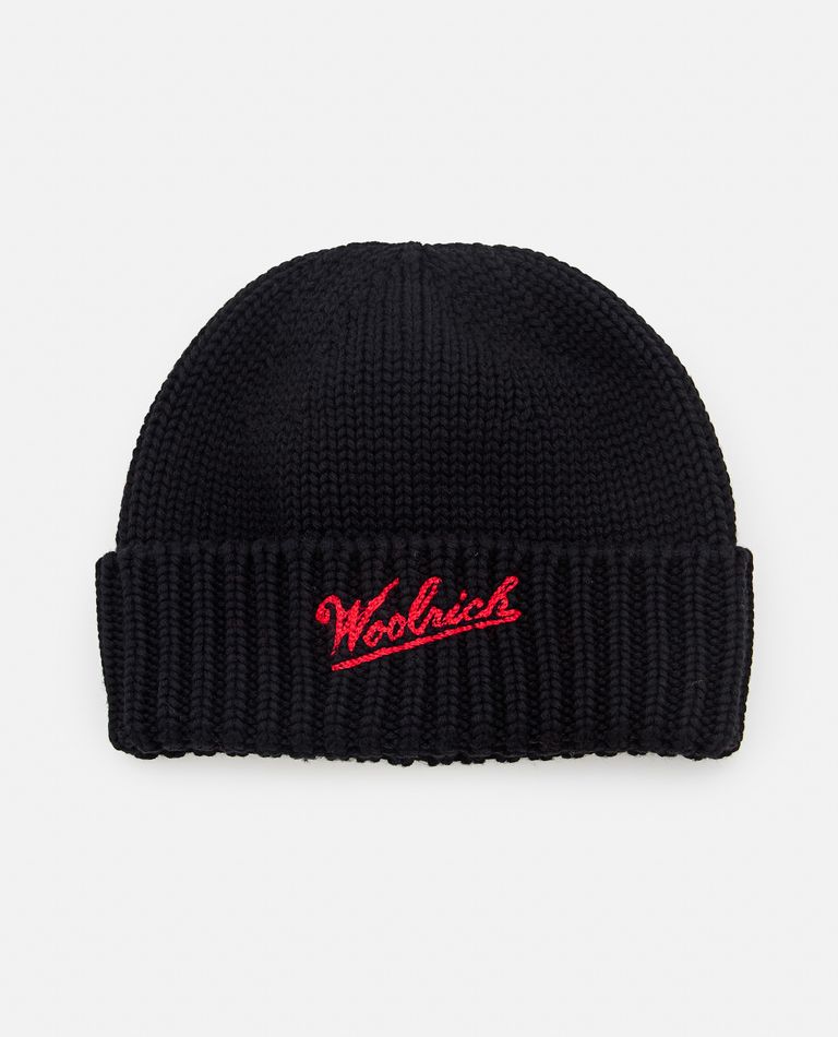 Woolrich Logo Intarsia Knit Beanie In Black