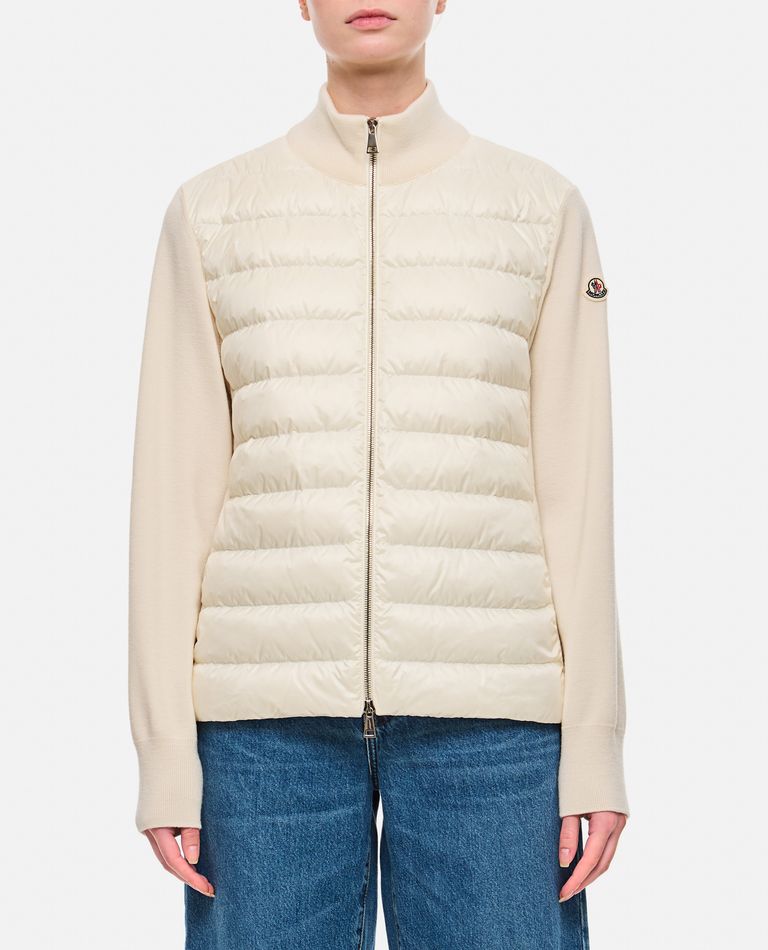 Shop Moncler Knitted Sleeves Zip-up Jacket In White