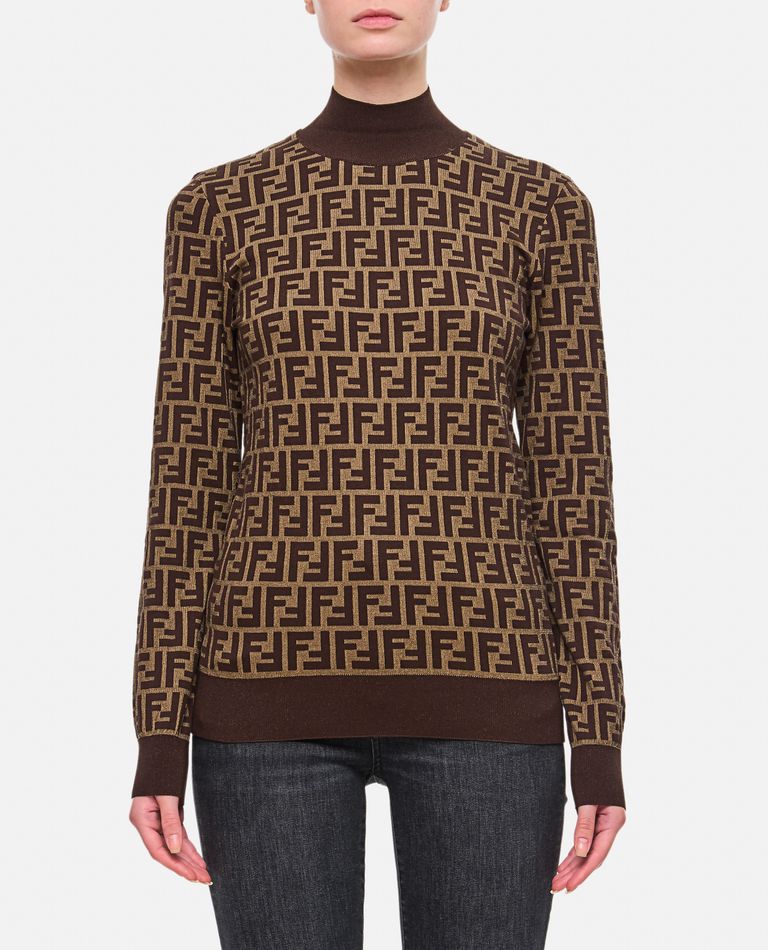 Shop Fendi Cotton Knit Ff Long Sleeve Pullover In Brown