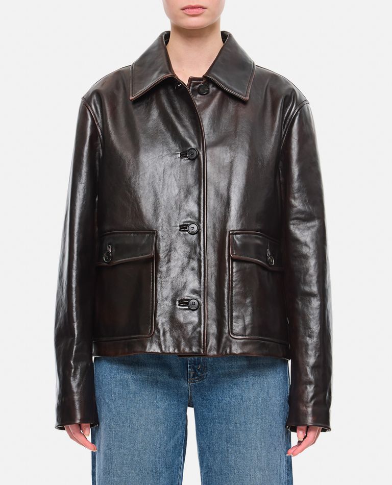 Shop Loewe Leather Jacket In Brown