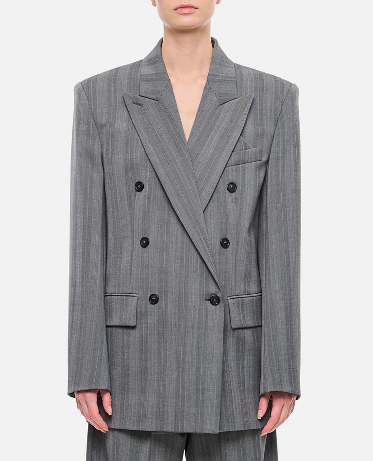 Sportmax Striped Double-breasted Long-sleeved Jacket In Grey