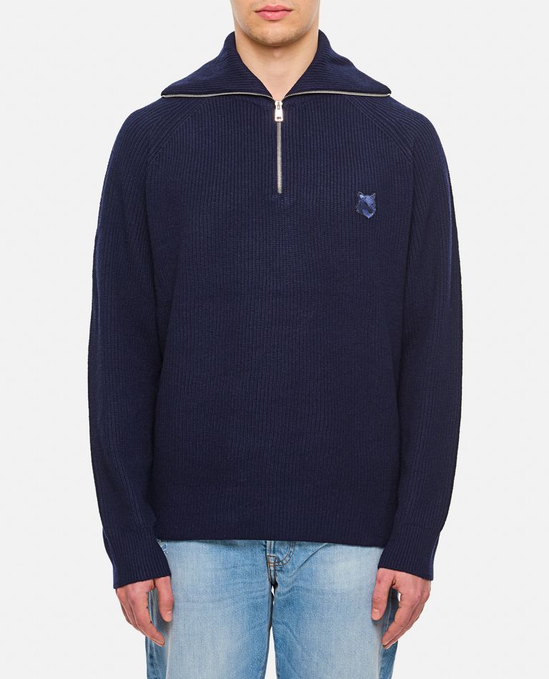 Shop Maison Kitsuné Bold Fox Head Patch Half Zip Ribbed Jumper In Blue