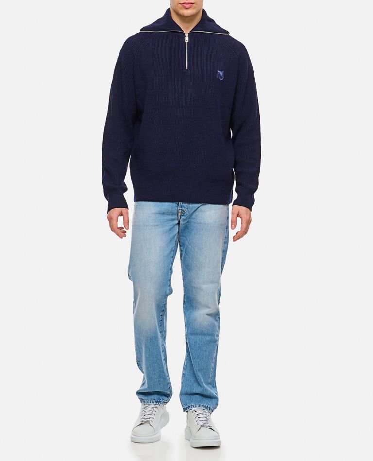 Shop Maison Kitsuné Bold Fox Head Patch Half Zip Ribbed Jumper In Blue