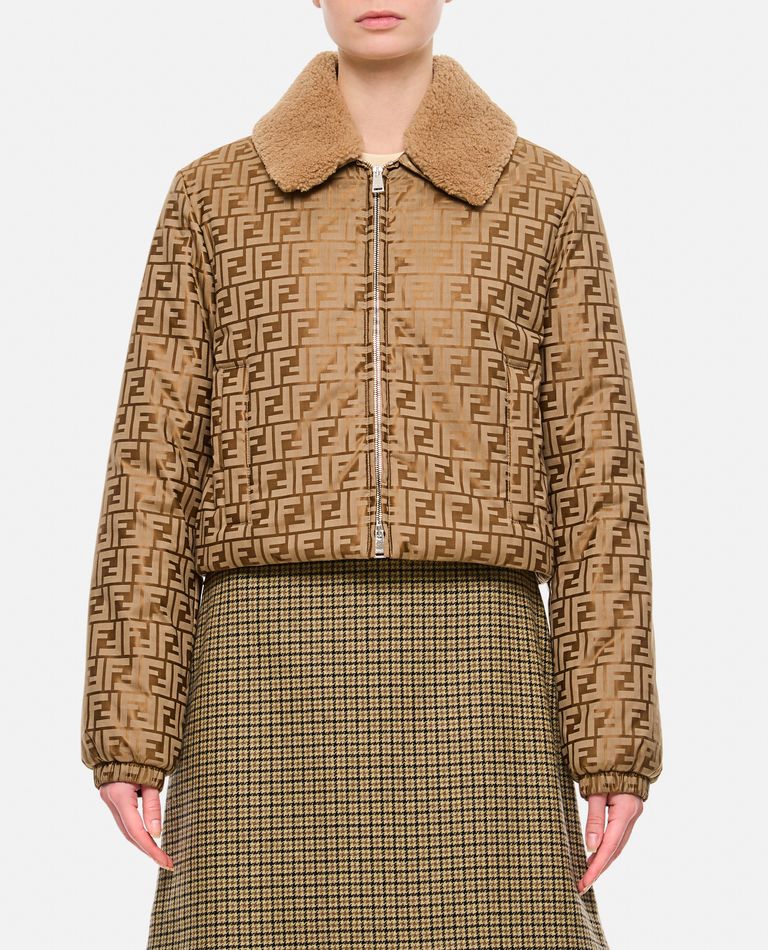 Shop Fendi Front Zipped Ff Jacquard Jacket In Beige