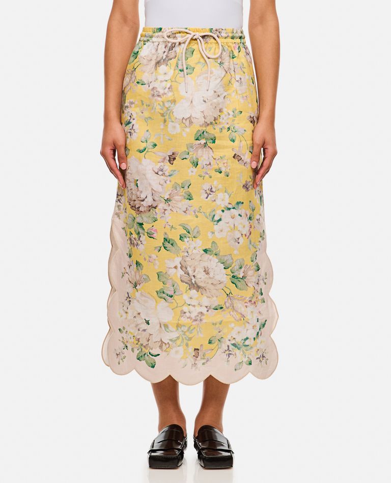Zimmermann Acacia Scalloped Floral-print Linen Midi Skirt In Yellow
