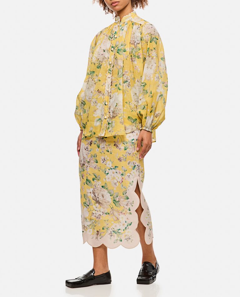 Zimmermann Acacia Scalloped Floral-print Linen Midi Skirt In Yellow