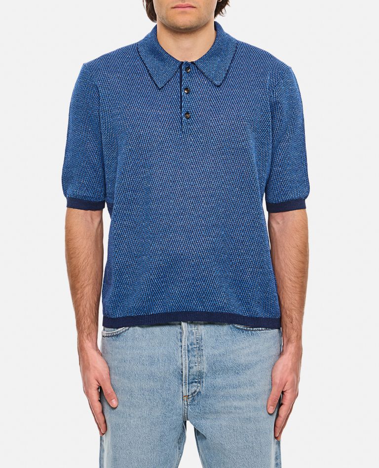 Bottega Veneta Linen Polo With Geometric Jacquard Pattern In Blue