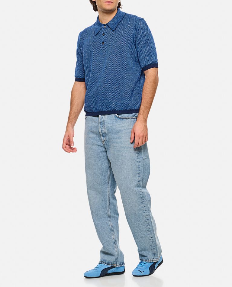Bottega Veneta Linen Polo With Geometric Jacquard Pattern In Blue