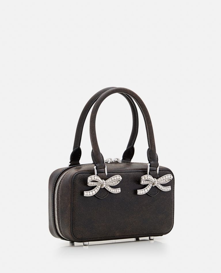 Shop Self-portrait Black Distressed Leather Mini Tote Bag