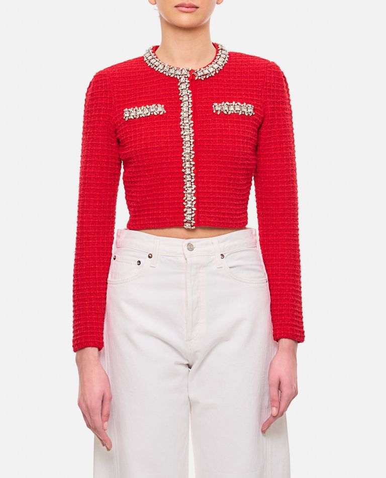 Shop Self-portrait Textured Knit Cardigan In Red