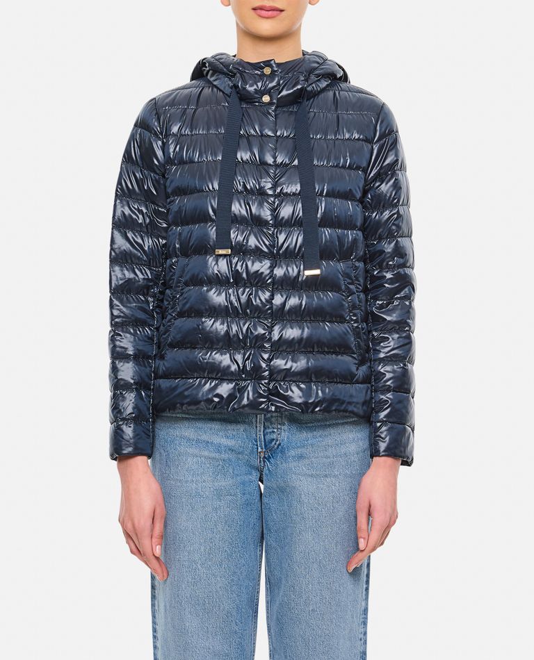 Herno Cropped Down Jacket With Hood In Ultralight Dark Blue Nylon In Blue