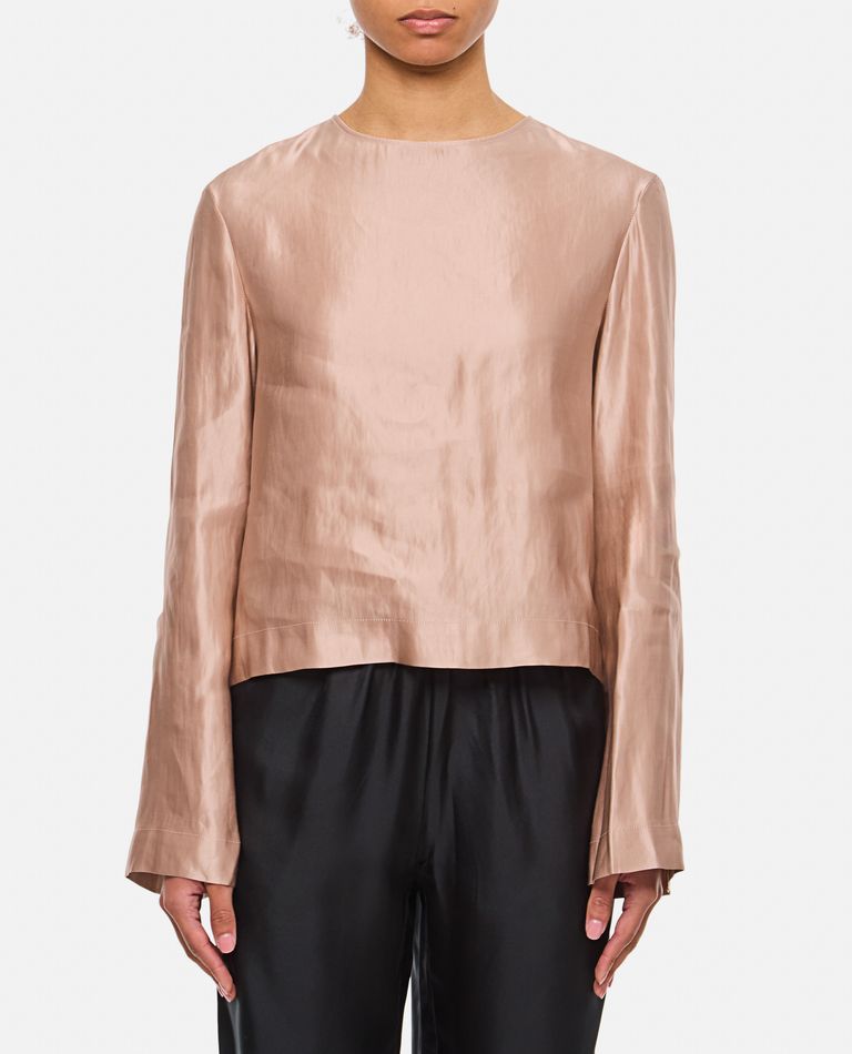 Shop Loulou Studio Silk And Linen Round Neck Blouse In Rose