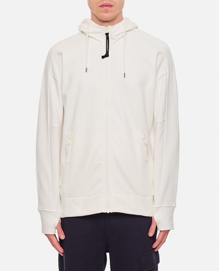C.p. Company Diagonal Raised Fleece Goggle Zipped Hooded Sweatshirt In White