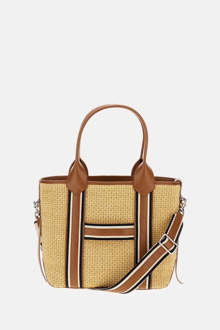 Hogan Small Raffia Script Shopping Bag With Brown Leather Details