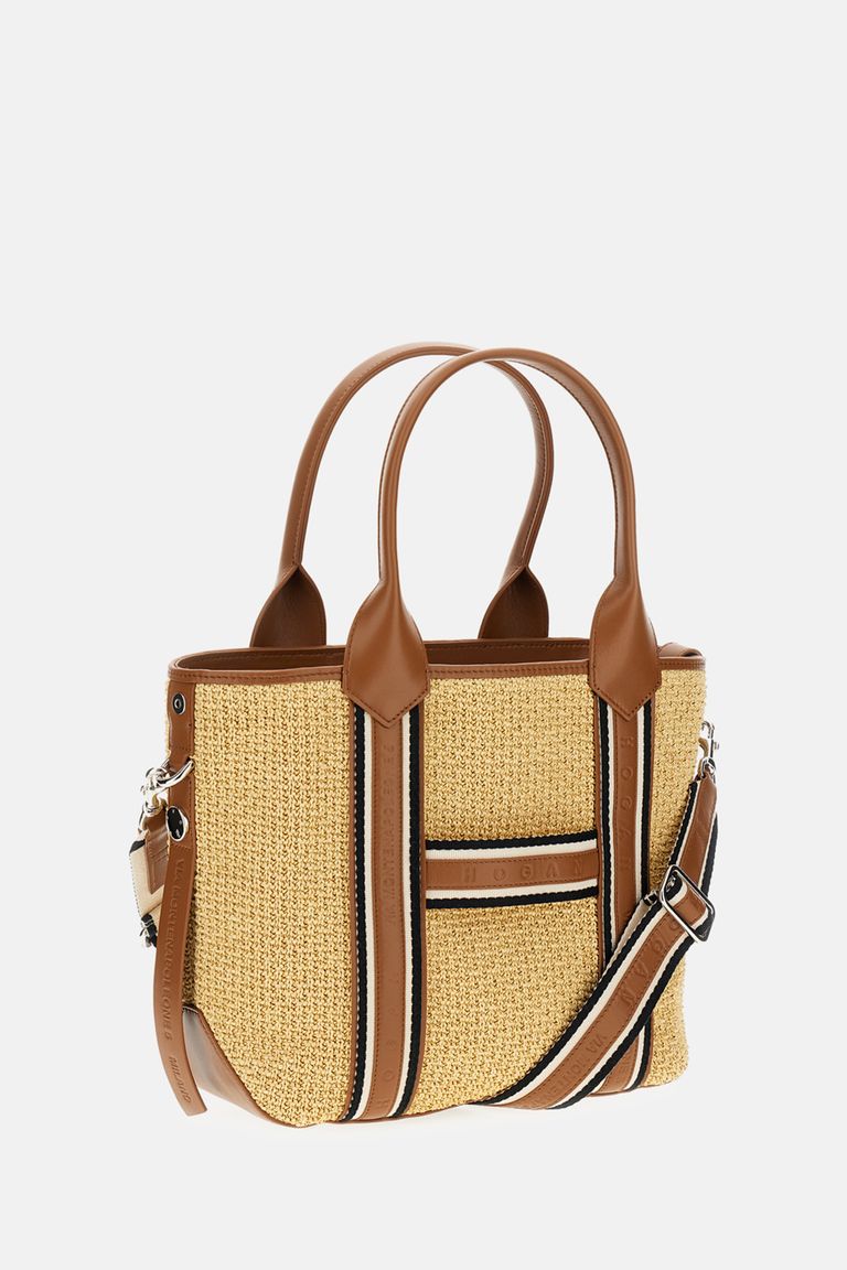 Hogan Small Raffia Script Shopping Bag With Brown Leather Details
