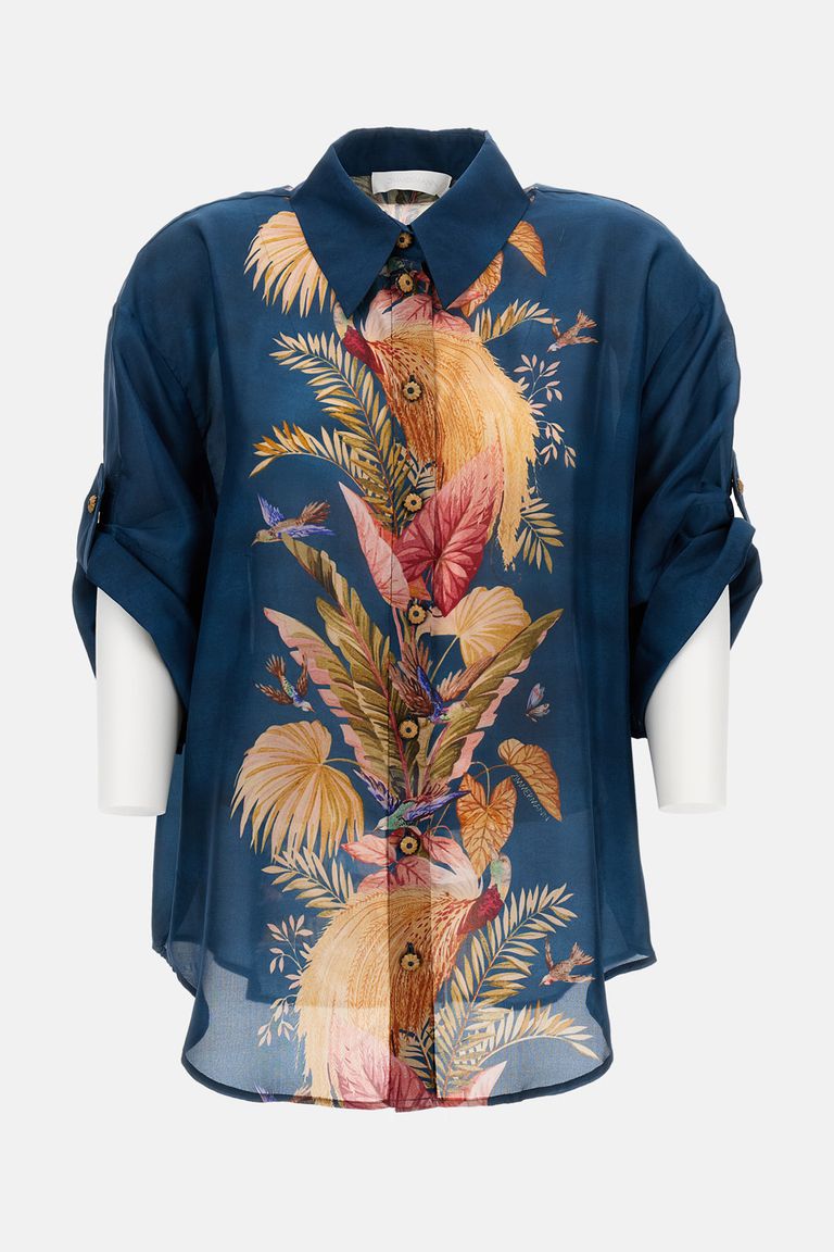 Zimmermann Womens Dark Blue Palm Floral Ascension Relaxed-fit Silk Shirt Xs In Multi