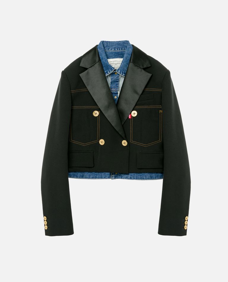 Sacai Double-breasted Denim Blazer In Black