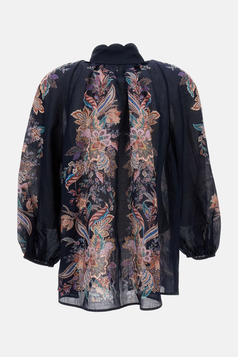 Zimmermann Rhiannon Billow Blue Blouse With High Neck And All-over Paisley Print In Ramie Woman In Blue