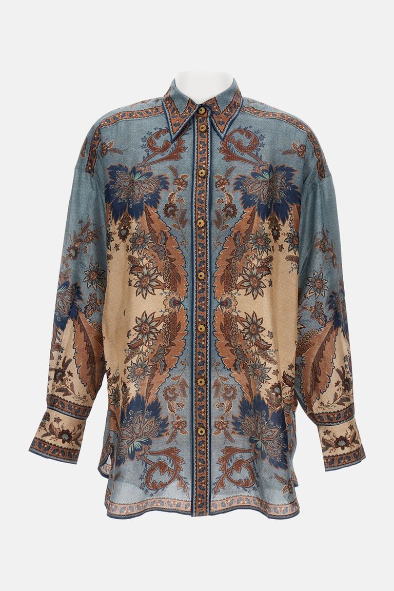 Zimmermann Womens Blue Cream Indienne Ascension Manstyle Graphic-pattern Silk Shirt In Multi