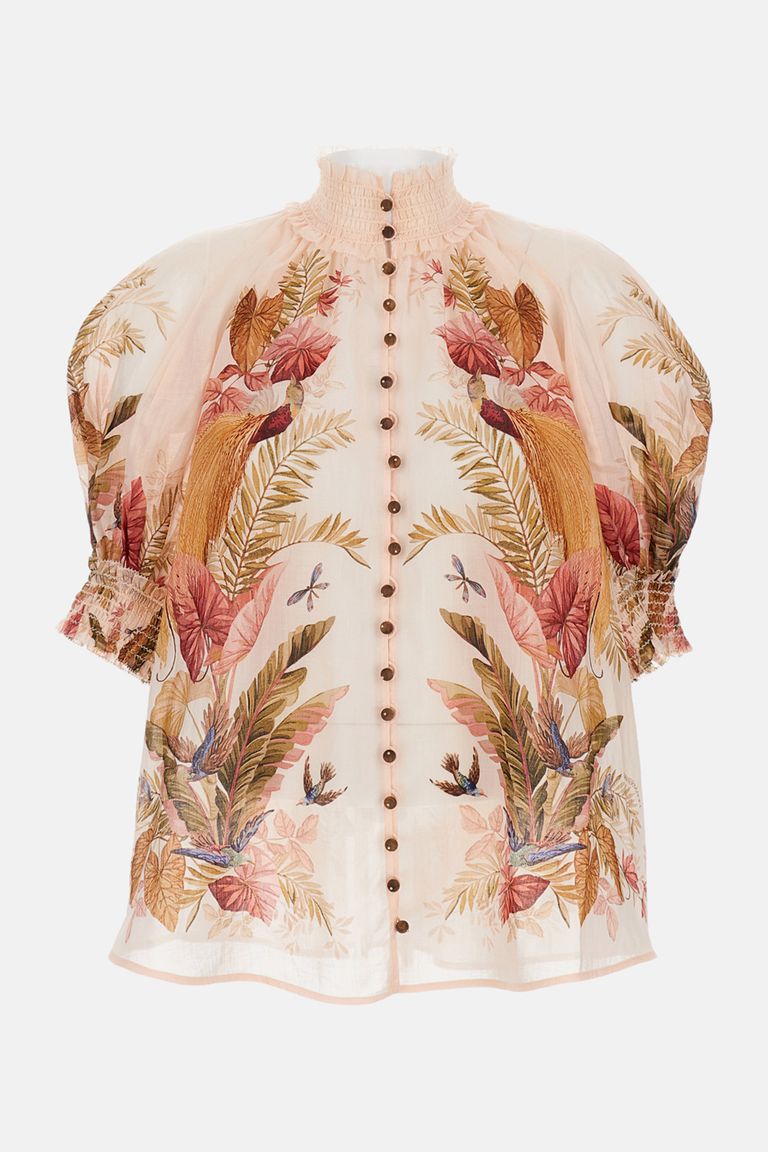 Zimmermann Ascension Embellished Shirred Floral-print Ramie Blouse In Multi