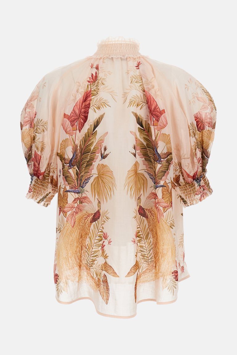 Zimmermann Ascension Embellished Shirred Floral-print Ramie Blouse In Multi