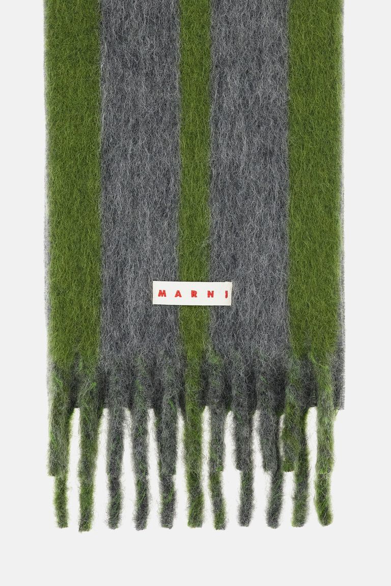 Marni Grey Mohair Blend Scarf With Fringes In Green