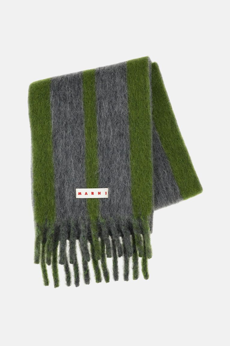 Marni Grey Mohair Blend Scarf With Fringes In Green