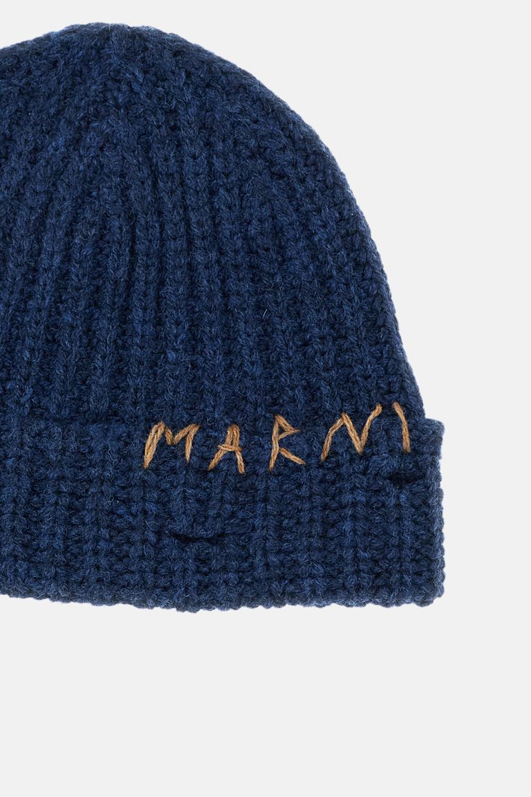 Marni Blue Knit Hand-stitched Logo Beanie In Blue