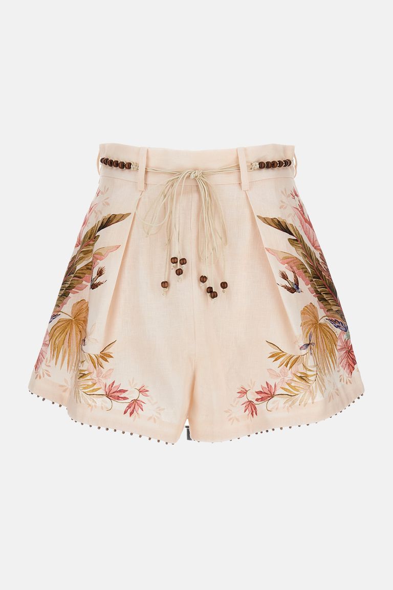 Zimmermann Ascension Belted Bead-embellished Floral-print Linen Shorts In Multi