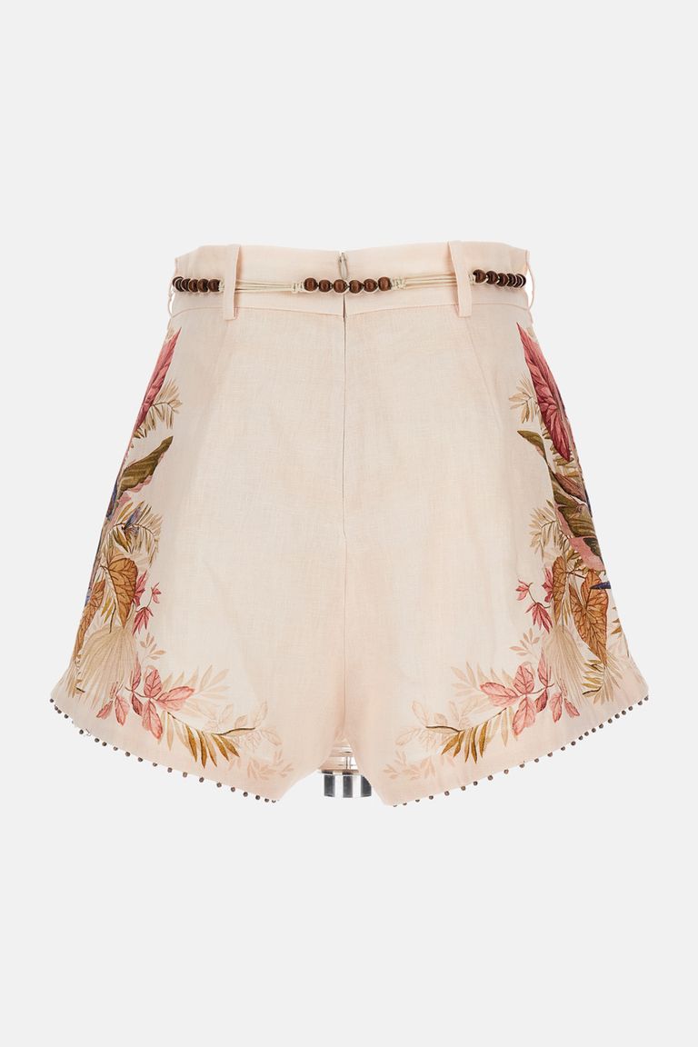 Zimmermann Ascension Belted Bead-embellished Floral-print Linen Shorts In Multi