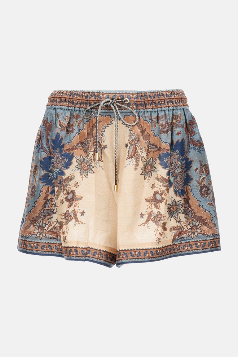Zimmermann Womens Blue Cream Indienne Ascension Relaxed-fit Silk Shorts Xs In Neutral
