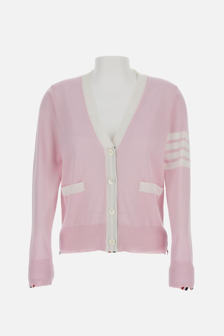 Thom Browne Relaxed Fit V Neck Cardigan With 4 Bar Stripe