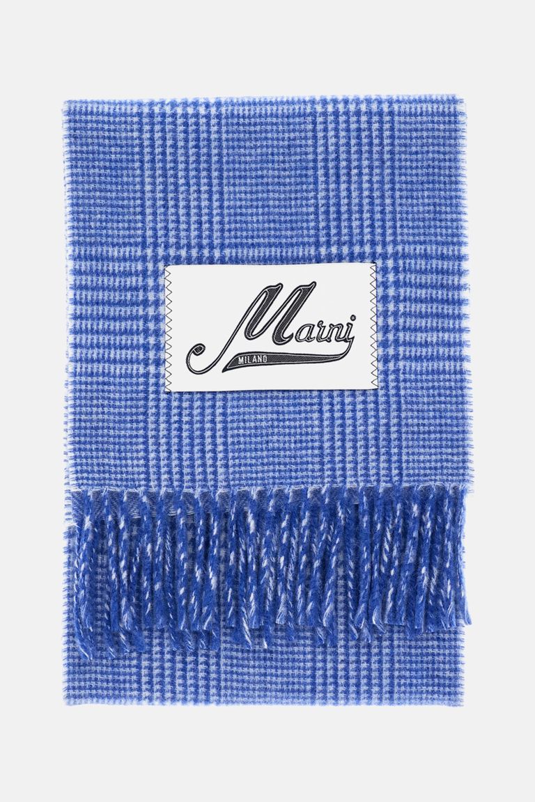 Marni Classic Check Wool Scarf With Logo Label In Blue
