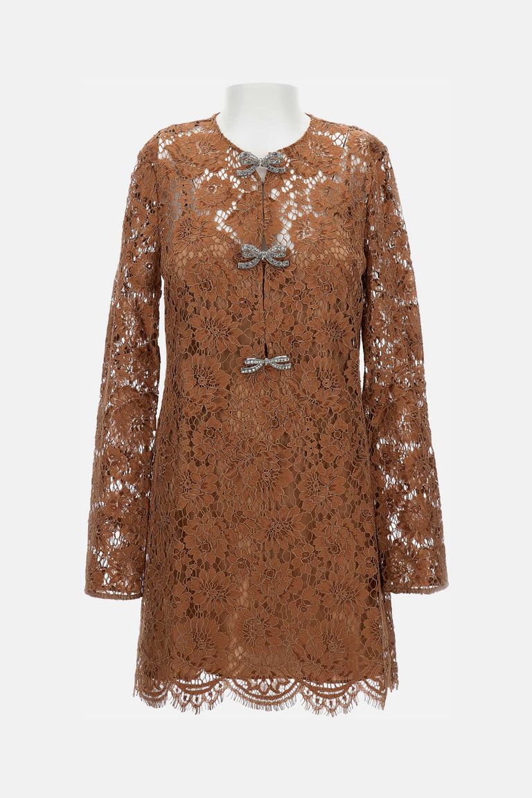 Self-portrait Womens Tan Lace Bow-embellished Woven Mini Dress