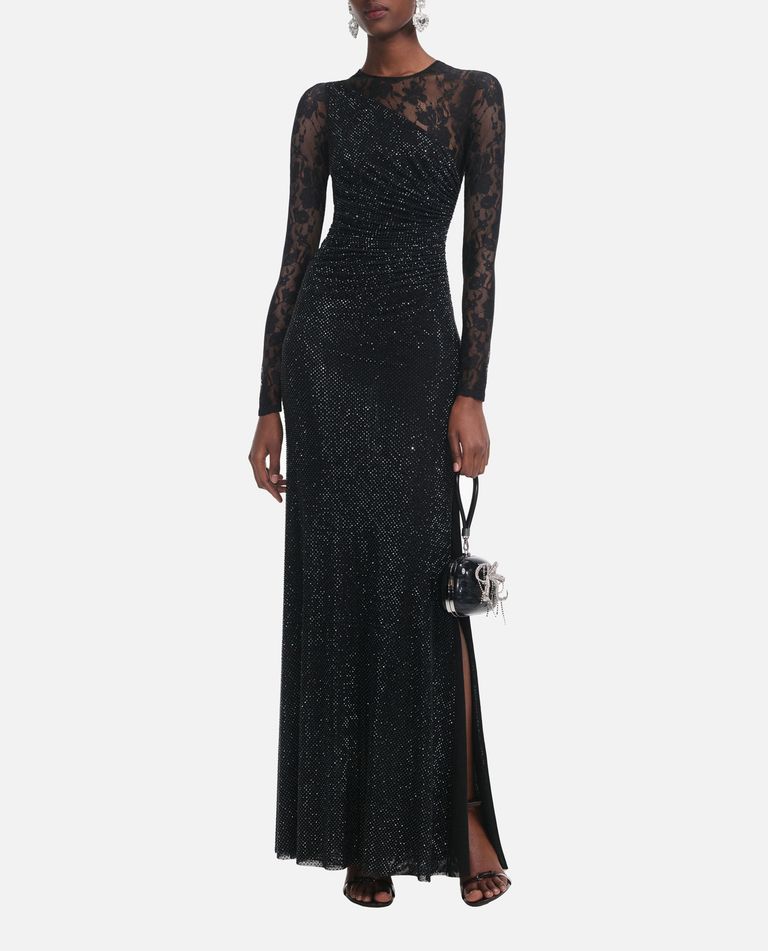 Long dress with lace sleeves and black rhinestones – Biffi