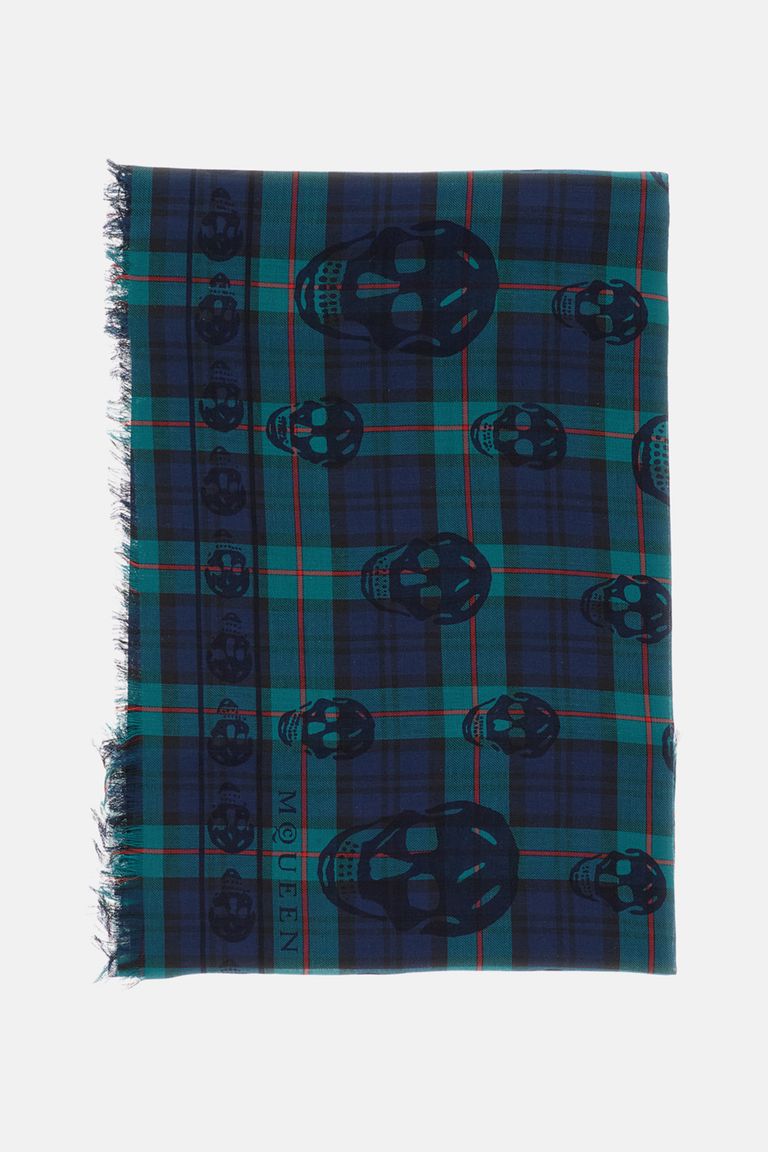 Alexander Mcqueen Tartan Skull Scarf Rectangular Fringed In Blue
