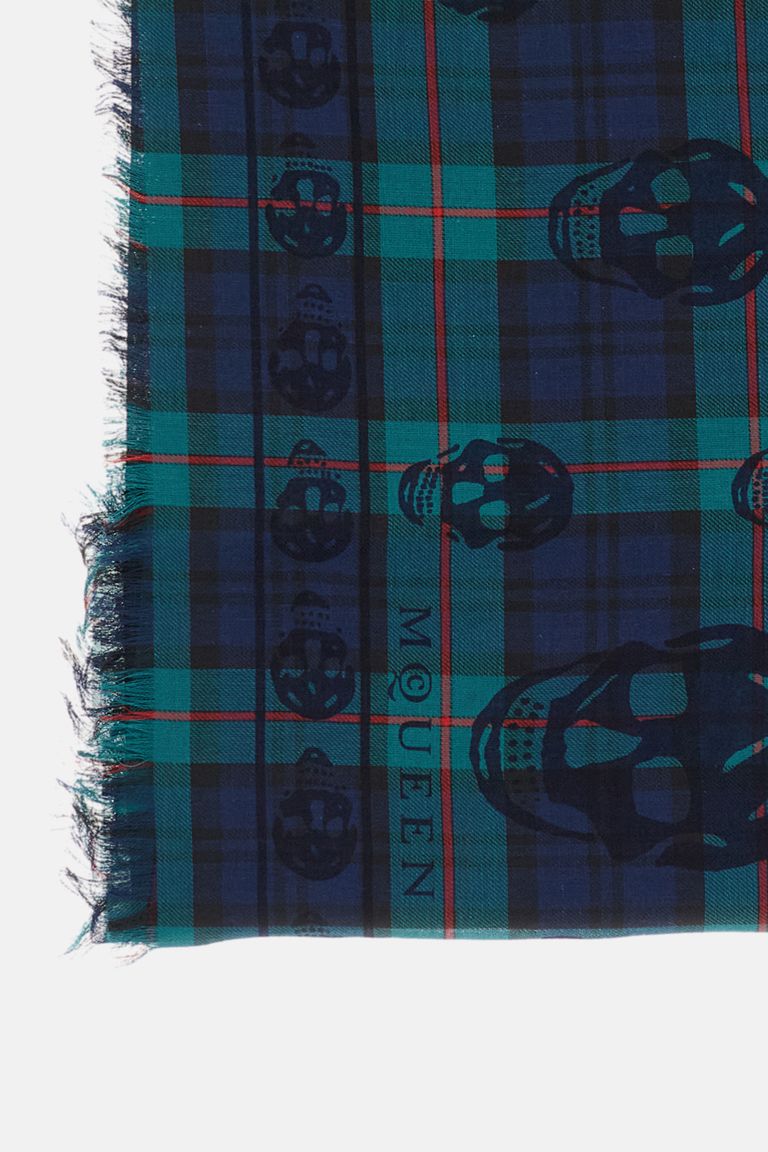 Alexander Mcqueen Tartan Skull Scarf Rectangular Fringed In Blue