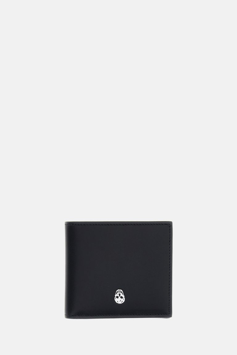 Alexander Mcqueen Calfskin Skull Bifold Card Holder In Black