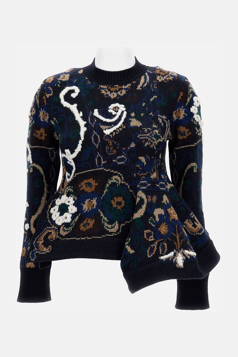 Sacai Floral Jacquard Asymmetric Wool Sweater In Blue