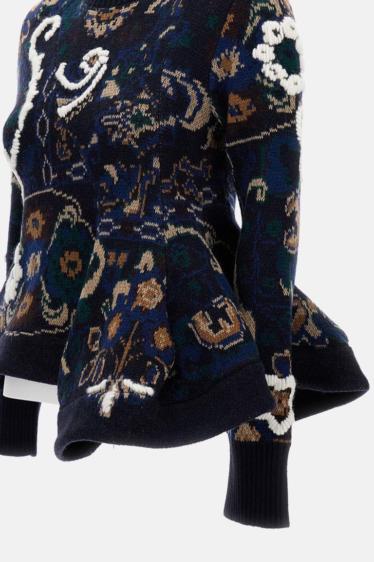 Sacai Floral Jacquard Asymmetric Wool Sweater In Blue