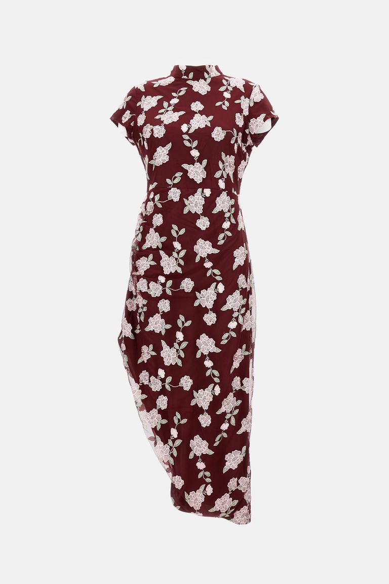 Rotate Birger Christensen Rotate Asymmetric Red Dress With Floral Embroidery And Short Sleeves In Red