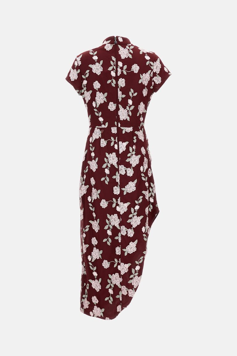 Rotate Birger Christensen Rotate Asymmetric Red Dress With Floral Embroidery And Short Sleeves In Red