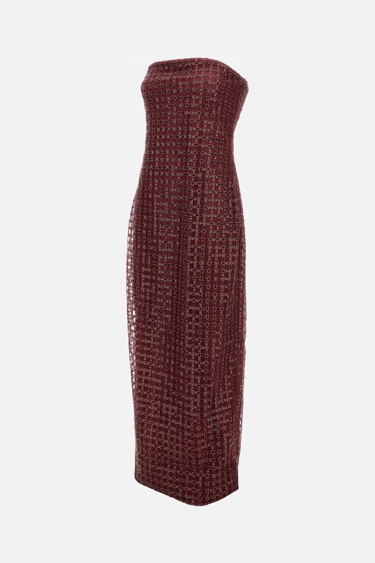 Rotate Birger Christensen Rotate Floor-length Burgundy Strapless Evening Dress With Sequined Detailing In Brown