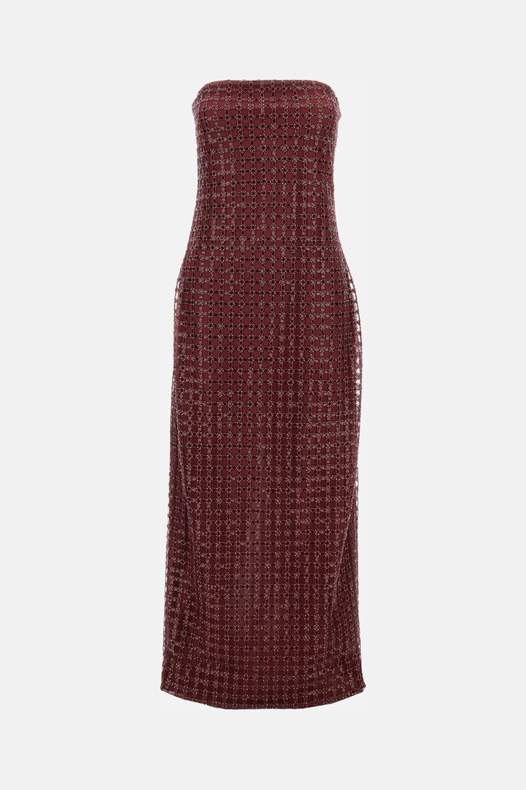Rotate Birger Christensen Rotate Floor-length Burgundy Strapless Evening Dress With Sequined Detailing In Brown