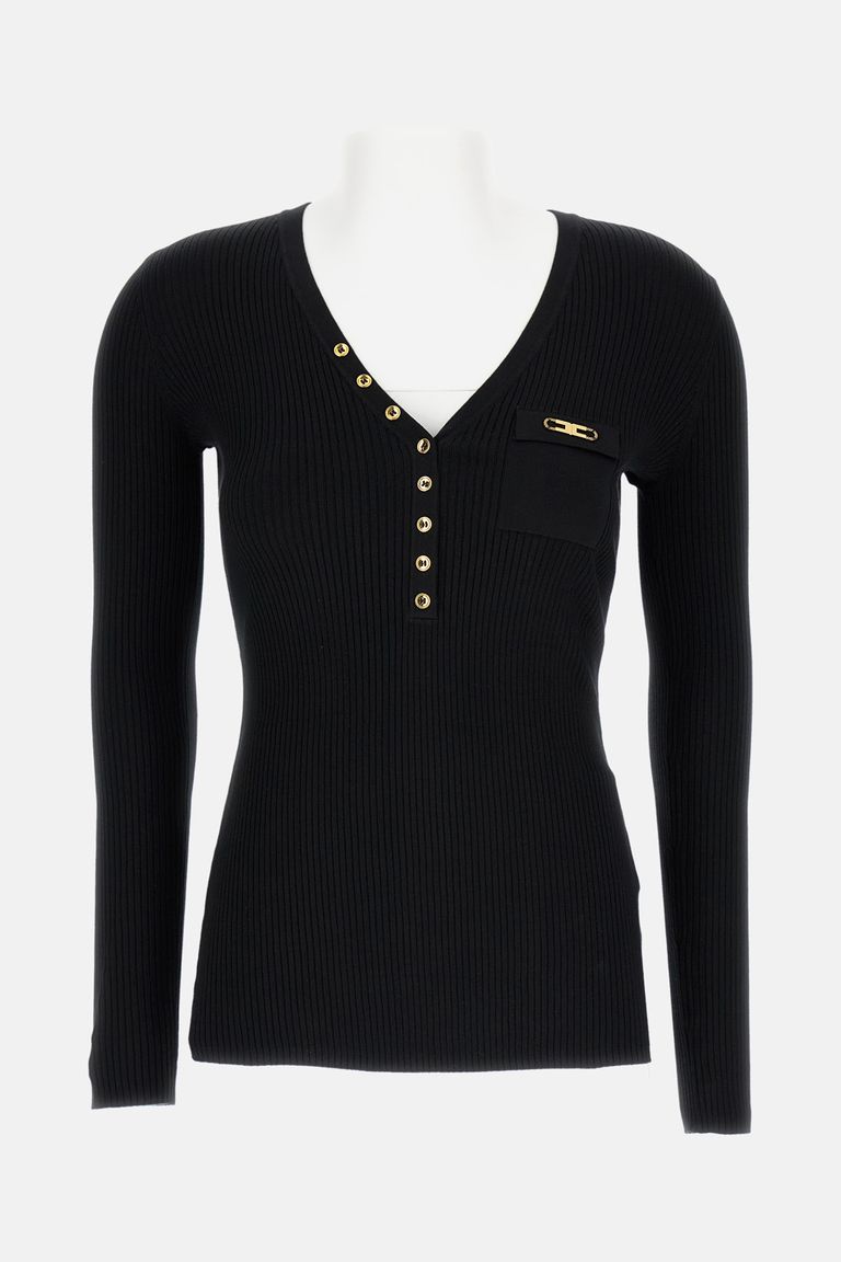 Elisabetta Franchi Ribbed Knit Top With Breast Pocket Clothing In Black