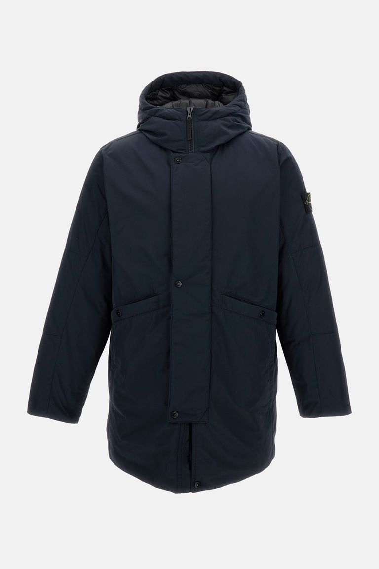 Stone Island Black Hooded Coat With Relaxed Silhouette In Blue